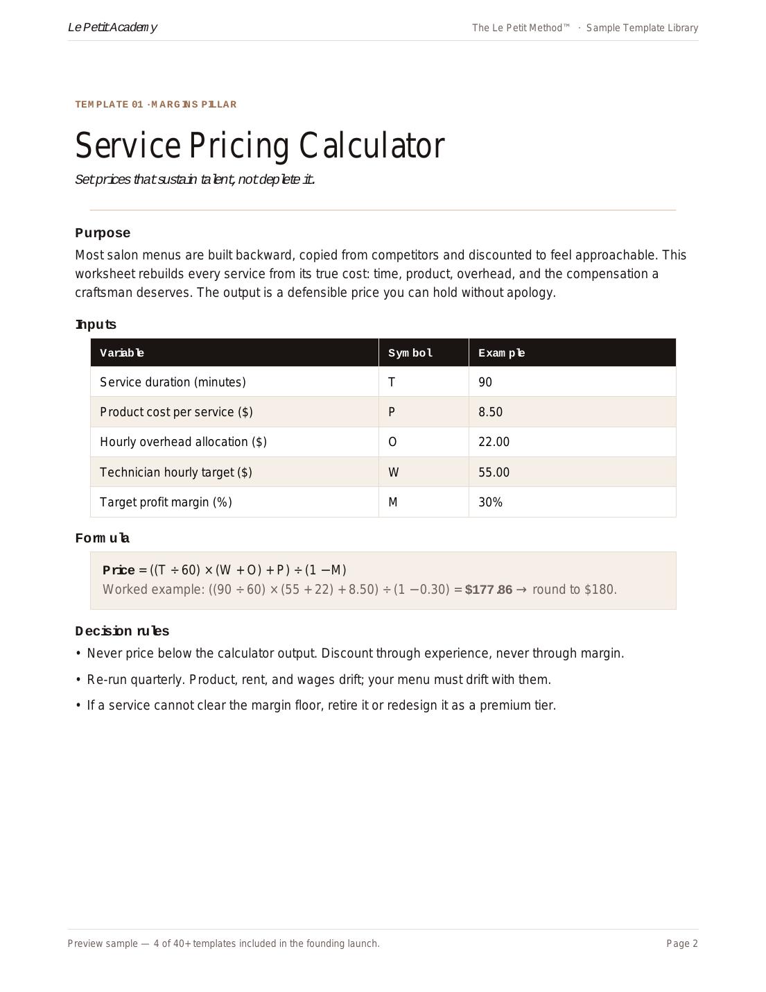 Preview of Service Pricing Calculator template