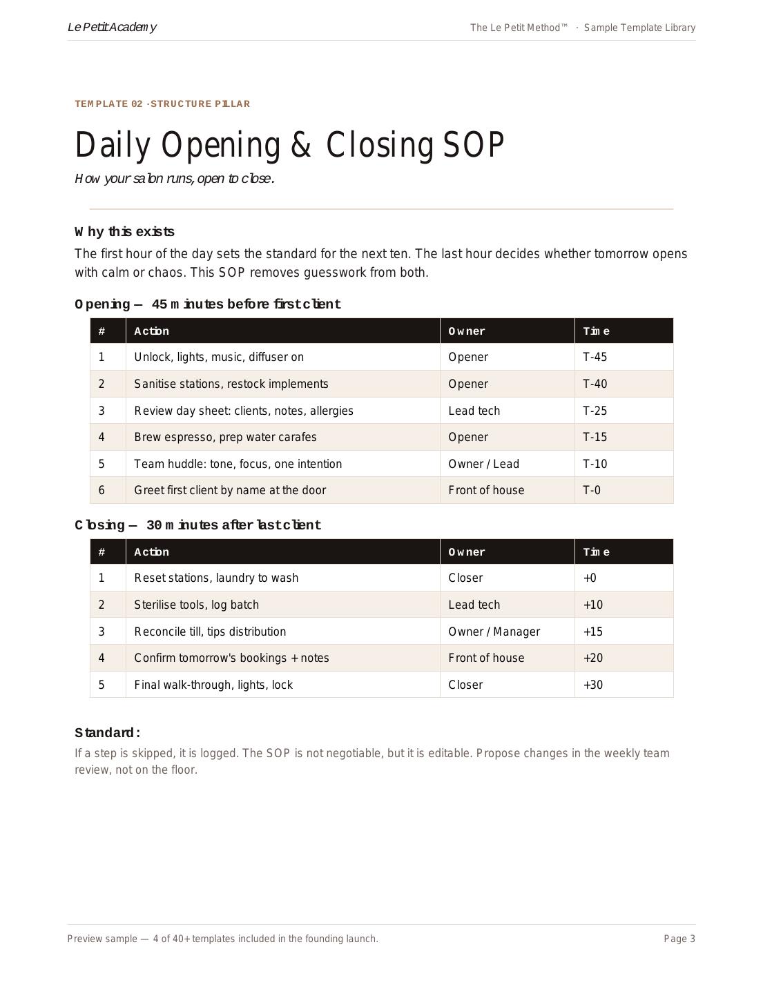 Preview of Daily Opening & Closing SOP template